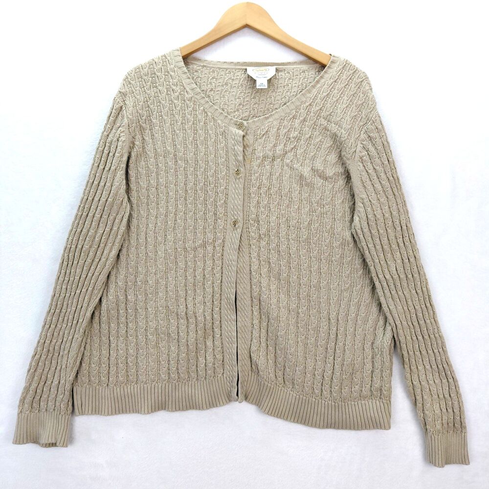 Talbots Cable Knit Cardigan Sweater Womens Size 2X Tan Button Up Pima Cotton